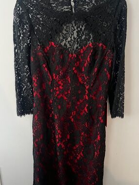 Black Lace Overlay Dress with Red Underlay